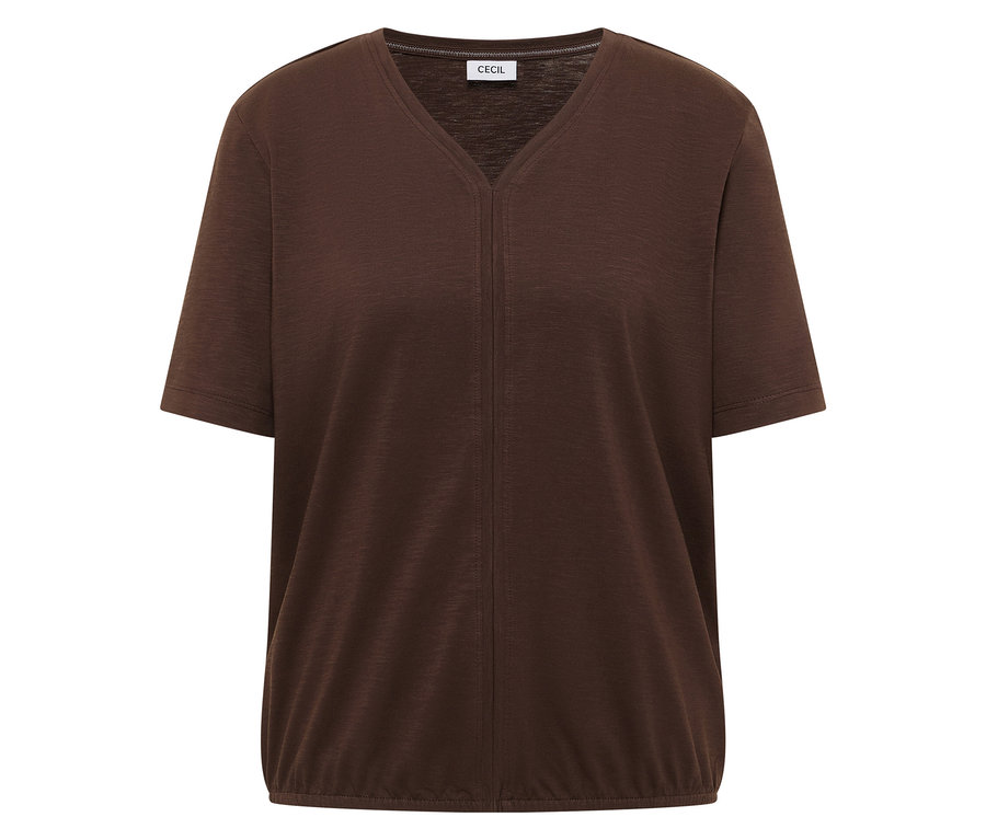 CECIL Tunika-Shirt in Braun mit V-Ausschnitt, kurzen Ärmeln und gerafftem Saum.