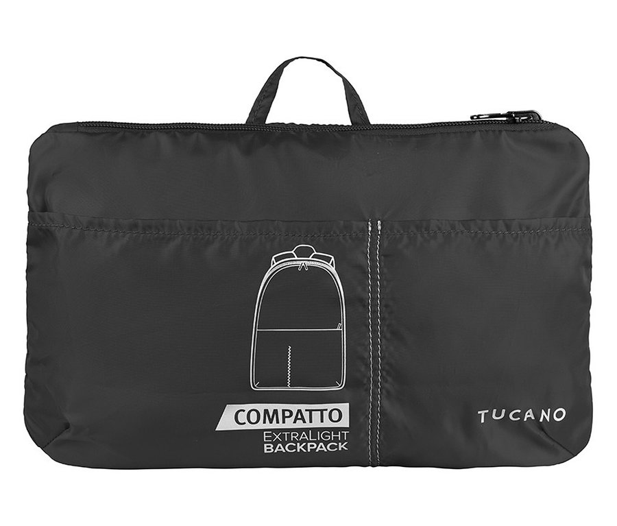 Zusammengefalteter, schwarzer Tucano Rucksack »Compatto Eco« mit Tragegriff und Reißverschluss.
