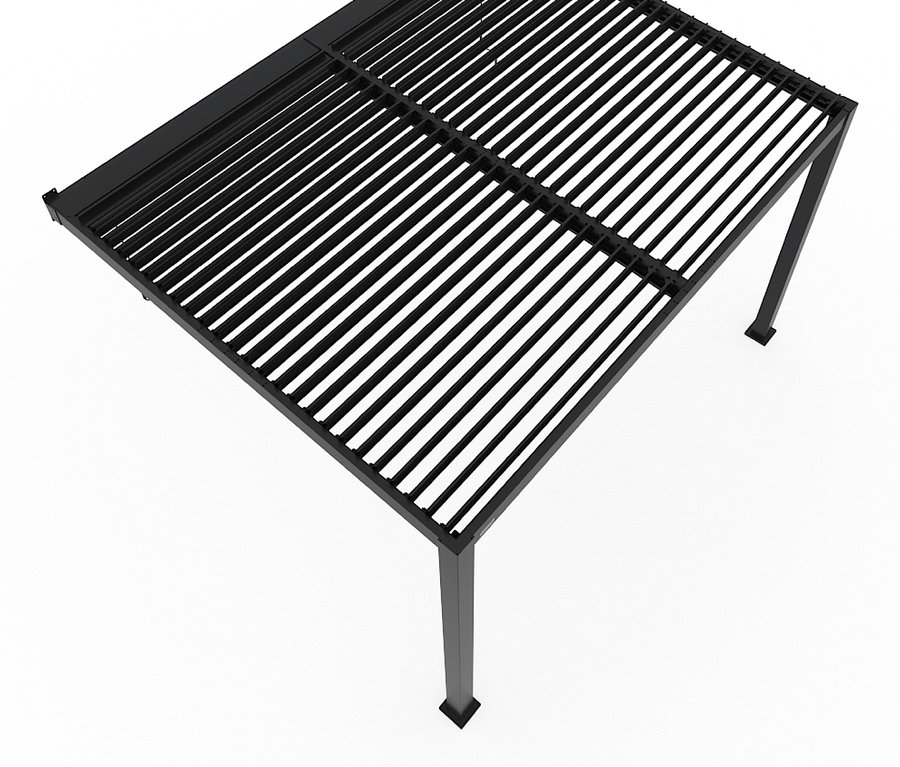 Schwarze Pergola mit Lamellendach auf weißem Grund.