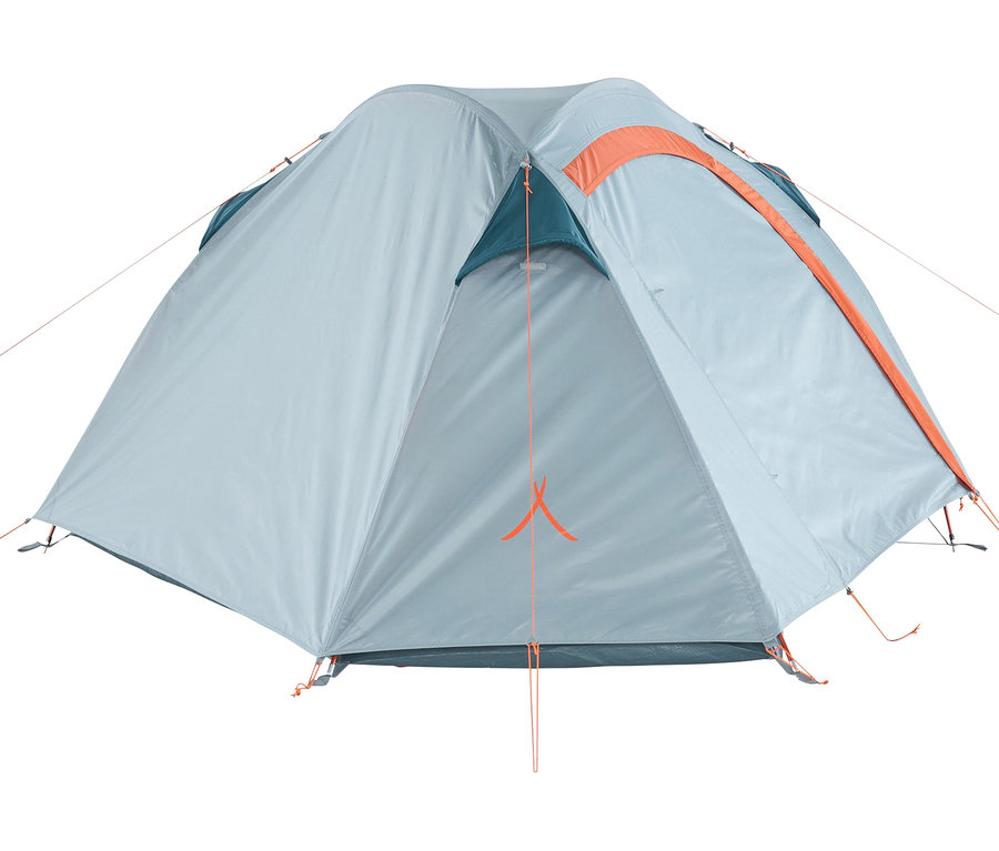 Das Grand Canyon 1-Personen-Trekkingzelt »Apex« in Grau, Türkis und Orange ist aufgebaut und abgespannt.