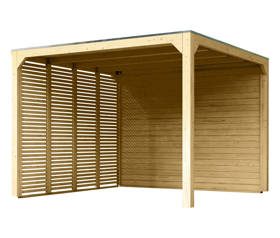 Karibu Pavillon »Markaska« mit Leimholz-Balken und Dacheindeckung, 320 x 320 cm, 28 mm, von der Seite mit Lamellenwand und Holzwand zu sehen.