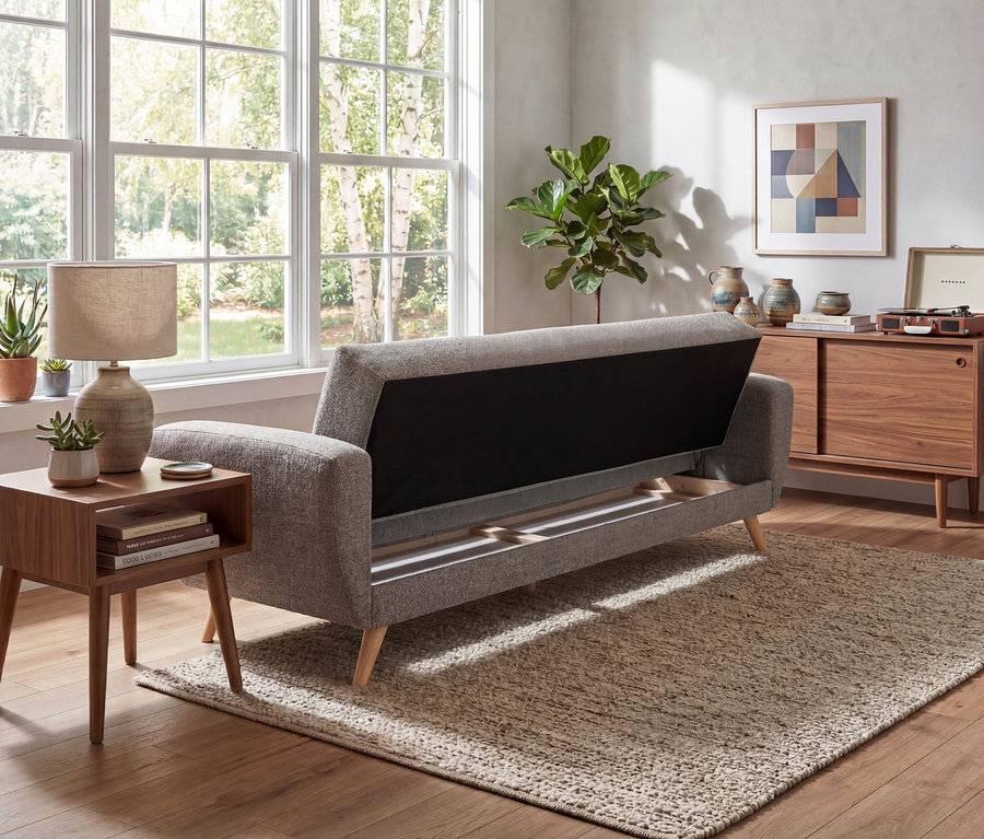 Ein graumeliertes 3-Sitzer-Schlafsofa »Justus« steht teilweise geöffnet in einem Wohnzimmer mit Teppich, Tisch und Fenster.
