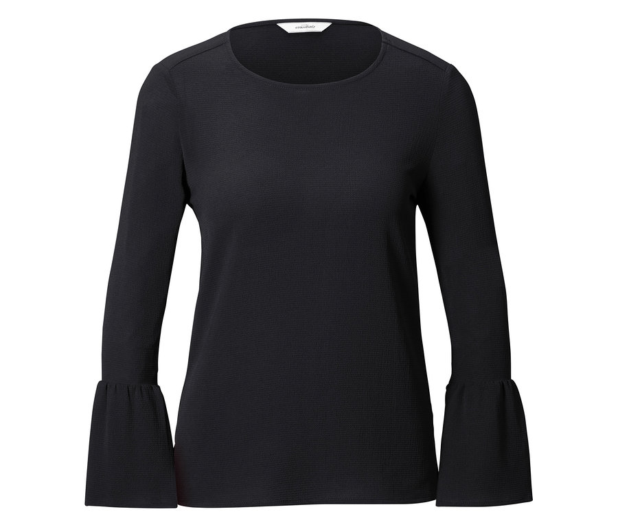 Schwarze Bluse mit Volant-Ärmeln.