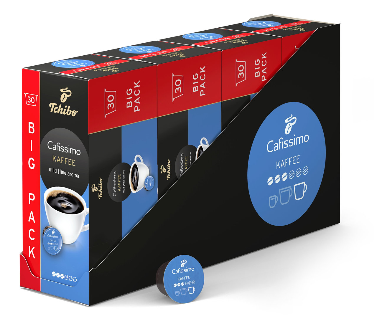 Ein Display zeigt fünf Packungen Cafissimo Kaffee mild - 120 Kapseln. Eine Kapsel liegt davor.