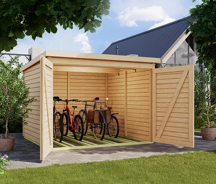 Offene Karibu Fahrradgarage für 4 Räder, 19 mm, naturfarben mit drei Fahrrädern darin.