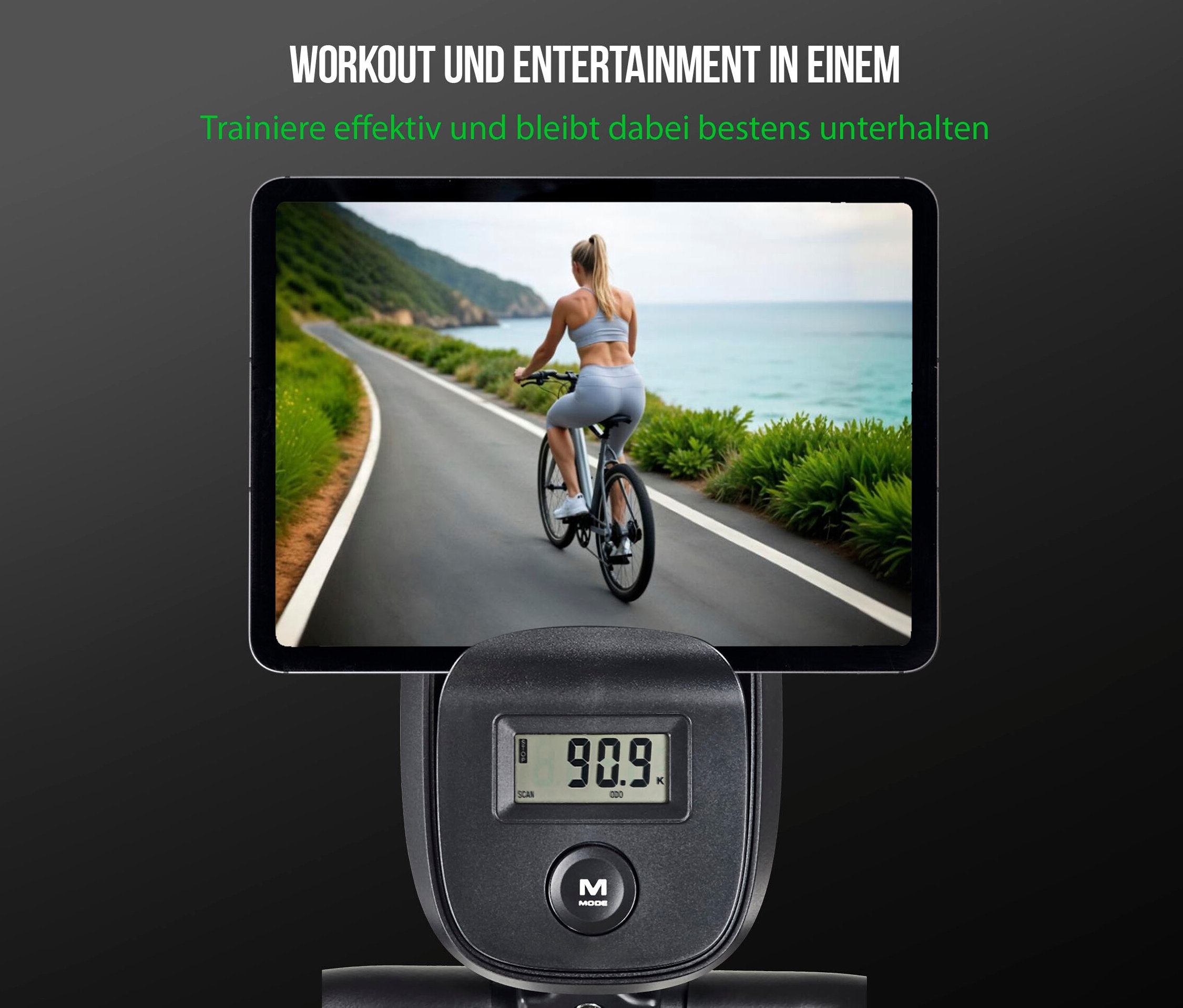 Frau fährt auf einem Fahrrad, das auf dem Bildschirm eines Christopeit Heimtrainer »Active« angezeigt wird.