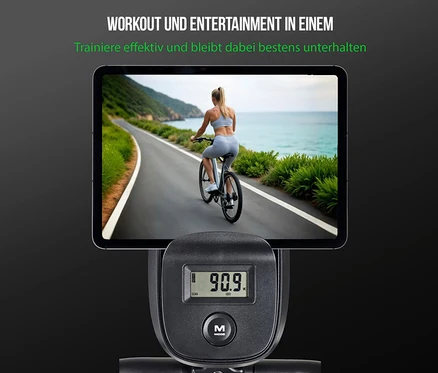 Frau fährt auf einem Fahrrad, das auf dem Bildschirm eines Christopeit Heimtrainer »Active« angezeigt wird.