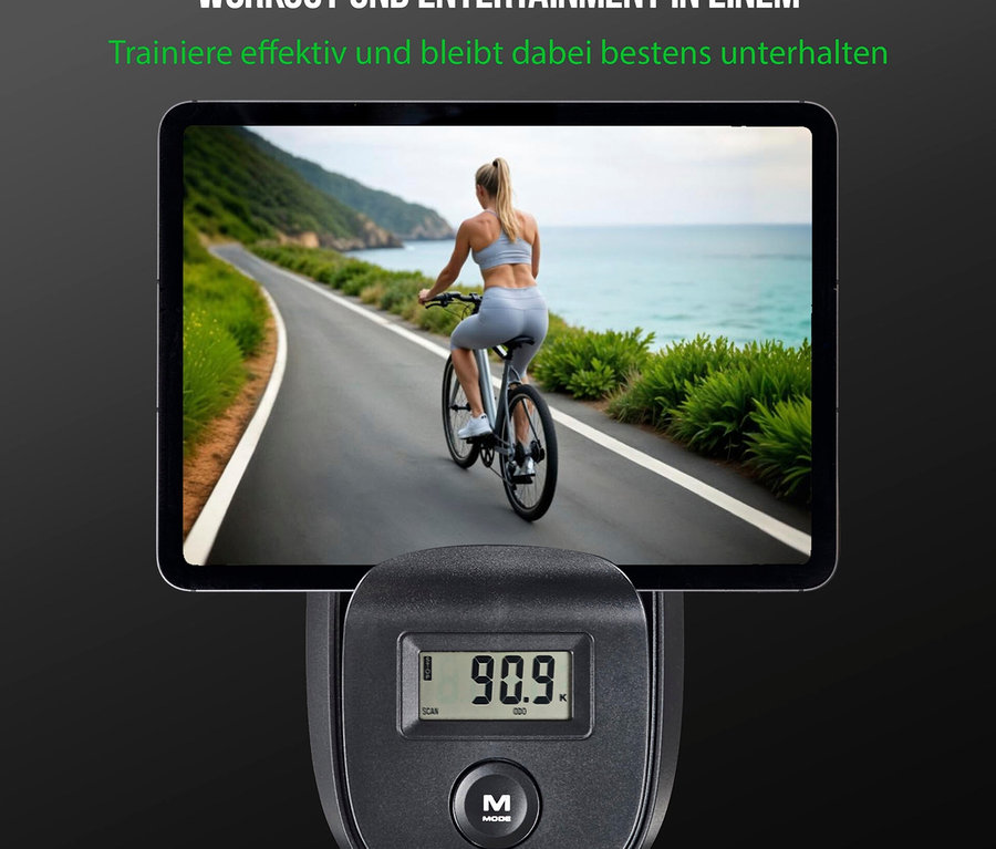 Auf dem Display eines Christopeit Heimtrainer »Active« ist eine Frau zu sehen, die auf einer Küstenstraße Fahrrad fährt.