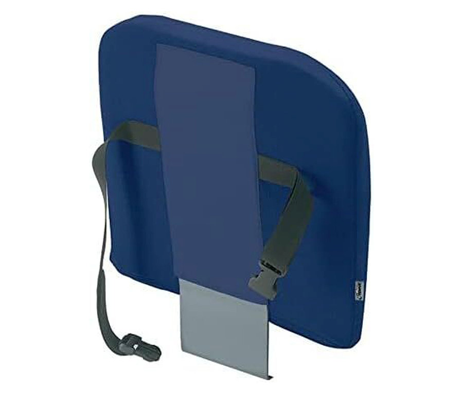 Nahaufnahme des blauen TEMPUR® Lordosekissens mit verstellbaren, grauen Riemen und grauem Einsatz.