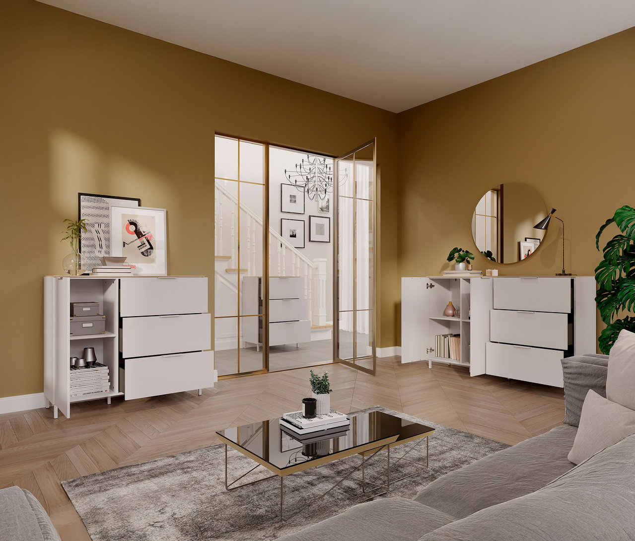 Wohnzimmer mit Kommode »Savoca« und Sideboard »Savoca« in Kaschmir/Eiche, Couchtisch und Sofa auf Teppich.