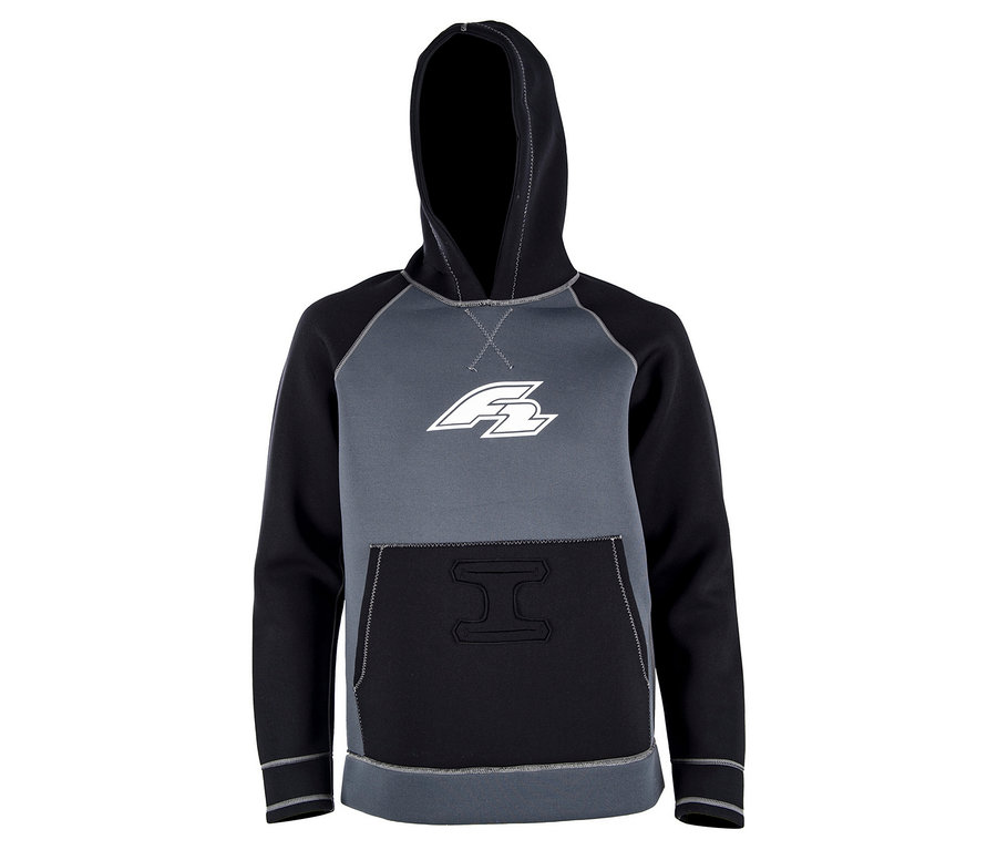 Grauer und schwarzer F2 Neopren Oberteil, Unisex-Hoodie, 4/3 mm mit Kapuze und Bauchtasche.
