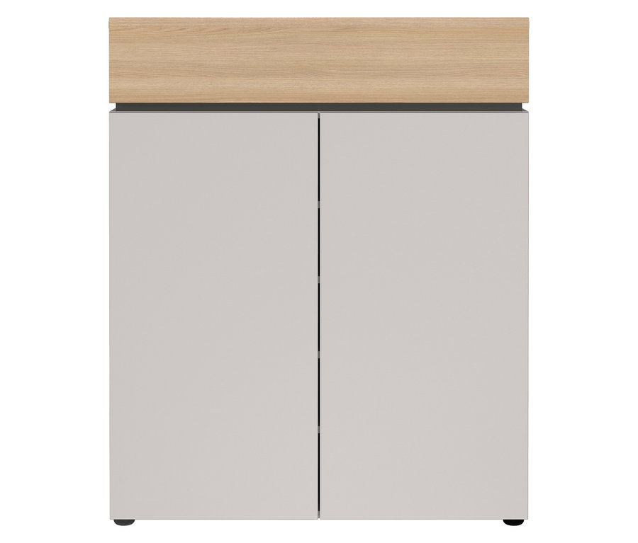 Ein Schrank mit zwei hellgrauen Türen und einer hellbraunen Holzplatte oben.