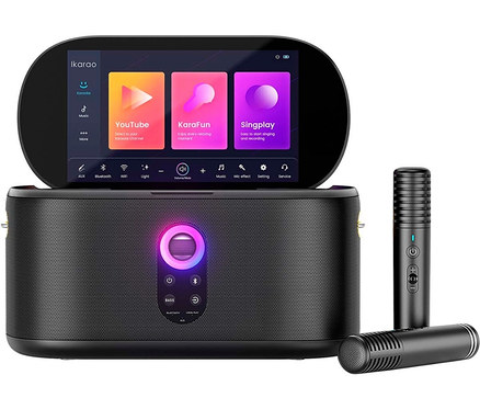 Schwarzer Karaoke-Lautsprecher mit Touchscreen und zwei Mikrofonen.