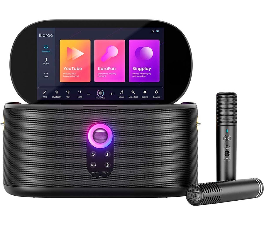 Schwarzer Karaoke-Lautsprecher mit Touchscreen und zwei Mikrofonen.