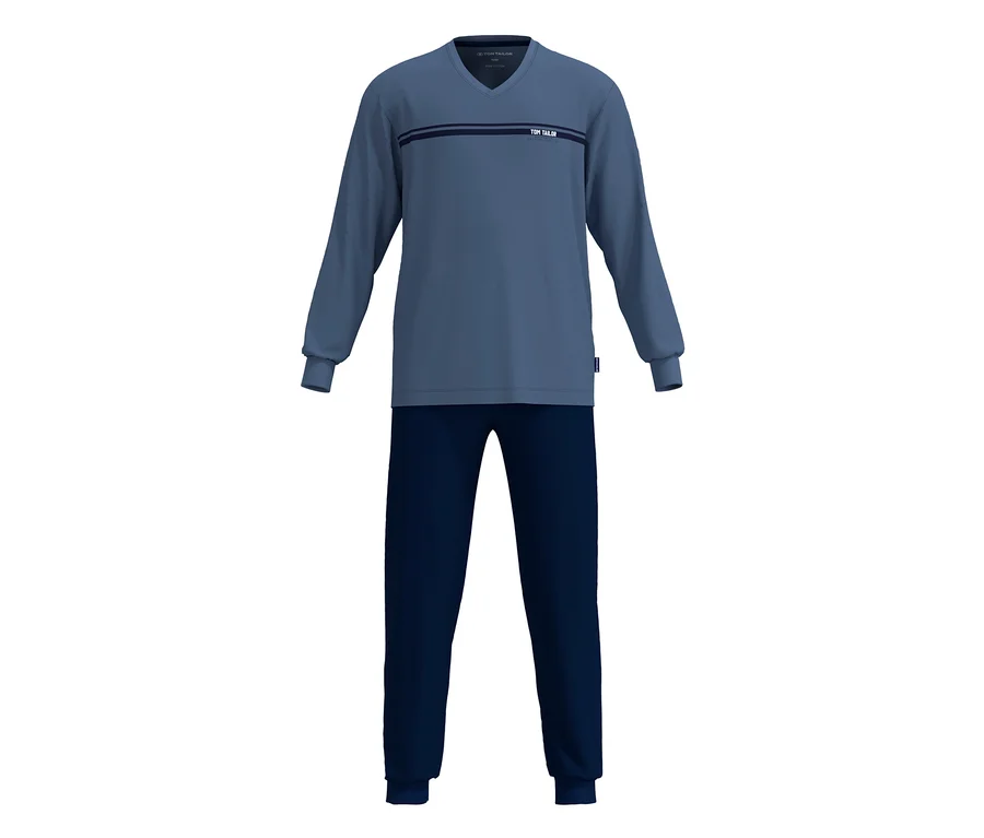 Hellblaues Pyjama-Oberteil mit V-Ausschnitt und dunkelblauen Streifen auf der Brust, dazu dunkelblaue Pyjama-Hose.
