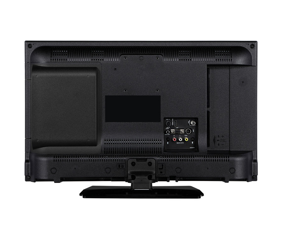 Rückseite eines schwarzen 24-Zoll-HD-LED-Fernsehers von Lenco mit DVD-Player.