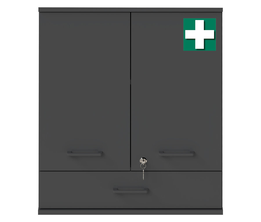 Anthrazitfarbener Medizinschrank »Galeno« mit zwei Türen, einer Schublade, einem Erste-Hilfe-Symbol und einem Schlüssel.