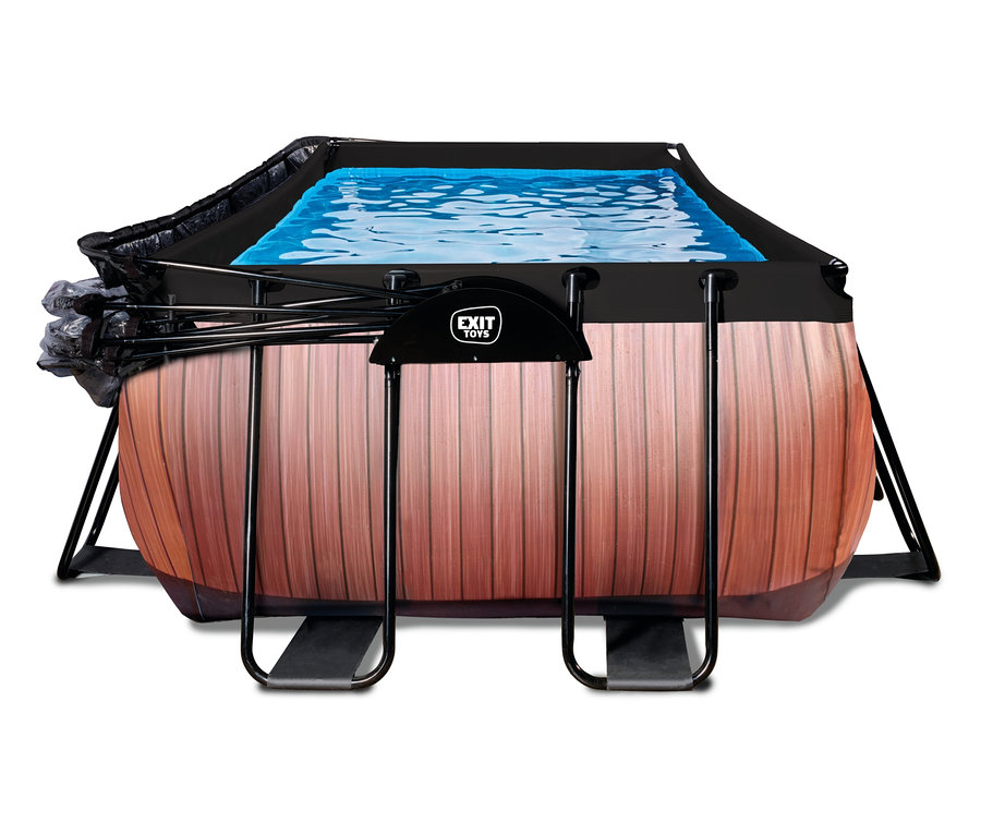 EXIT Pool-Set, Holzoptik, 540 x 250 cm, gefüllt mit blauem Wasser, mit teilweise zurückgeschobener schwarzer Abdeckung.