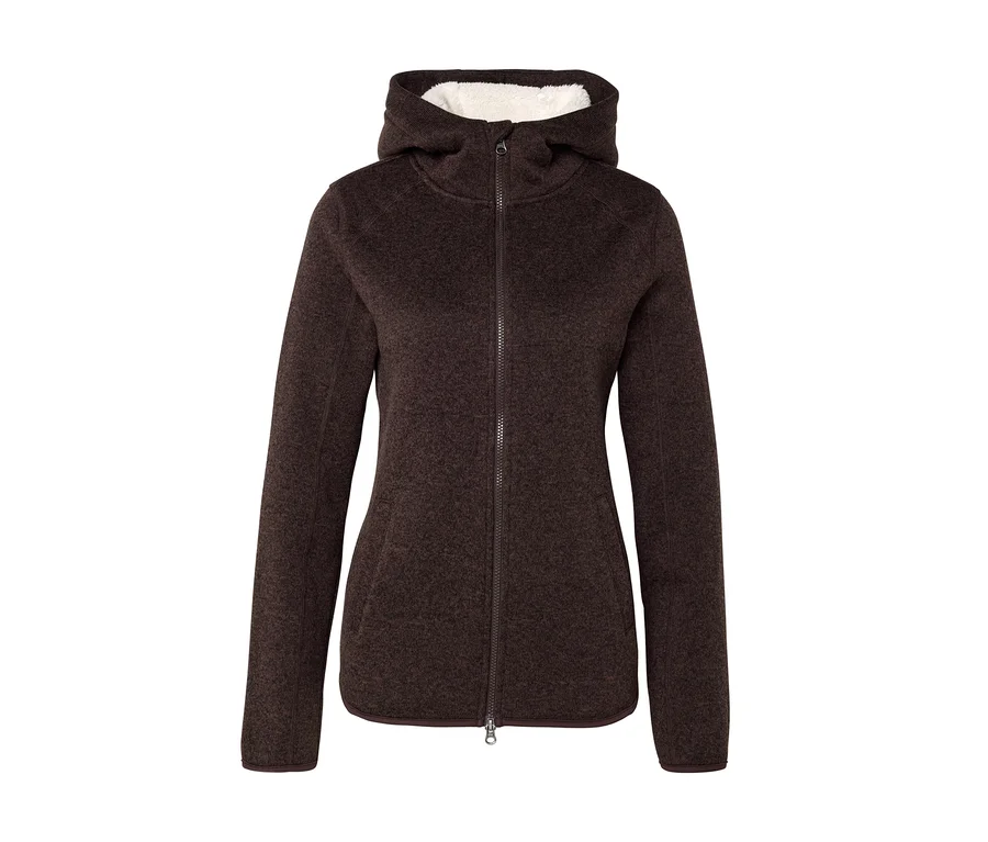 Dunkelbraune Kapuzenjacke mit durchgehendem Reißverschluss und weißem, flauschigem Futter in der Kapuze.