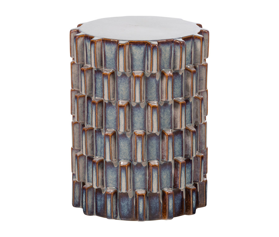 Zylindrischer Hocker/Beistelltisch aus Keramik mit strukturierter Oberfläche aus blaugrauen, erhabenen Rechtecken und braunen Akzenten.