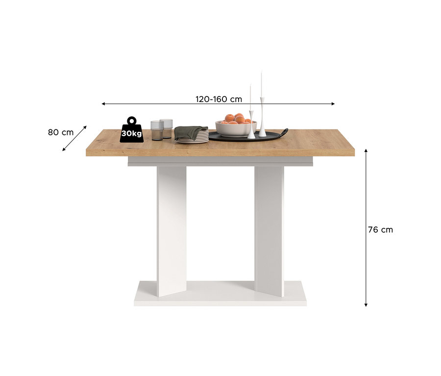 Weißer xonox Esstisch »Victor« mit holzfarbener Platte, ausziehbar von 120 auf 160 cm Länge, 80 cm breit und 76 cm hoch, mit 30 kg Traglast. Darauf stehen Geschirr, Gläser und eine Obstschale.