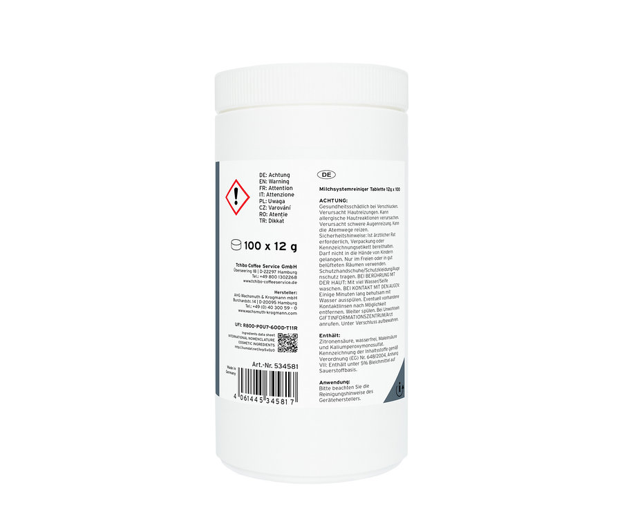 Weiße Dose mit Milchsystemreiniger Tabletten.