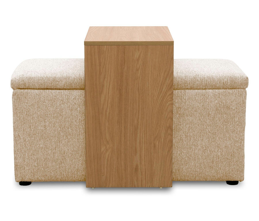 Beigefarbene Polsterbank mit hellem Holz-Trennelement in der Mitte, auf weißem Hintergrund.