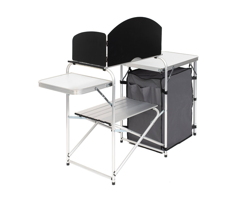 Faltbare Campingküche »Redwood S« mit silbernem Gestell, weißer Arbeitsplatte, Seitenablage, Aluminiumregal und grauem Stoffschrank mit Taschen.