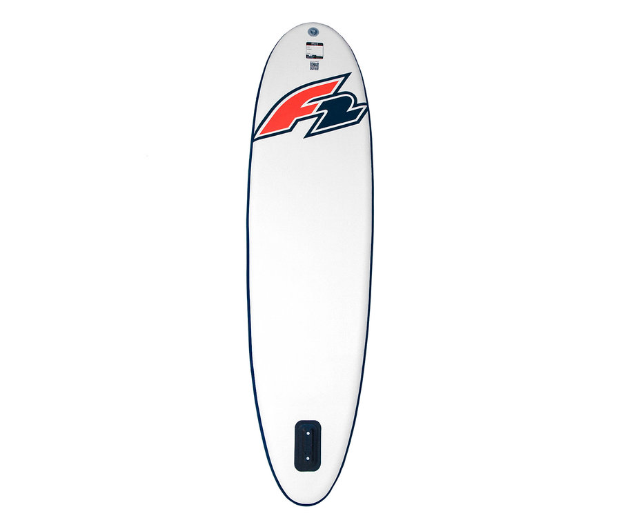 Weißes F2 SUP Board #Ocean ltd# mit rotem und blauem F2 Logo oben, dunkelblauem Rand und schwarzem Finnenkasten unten.