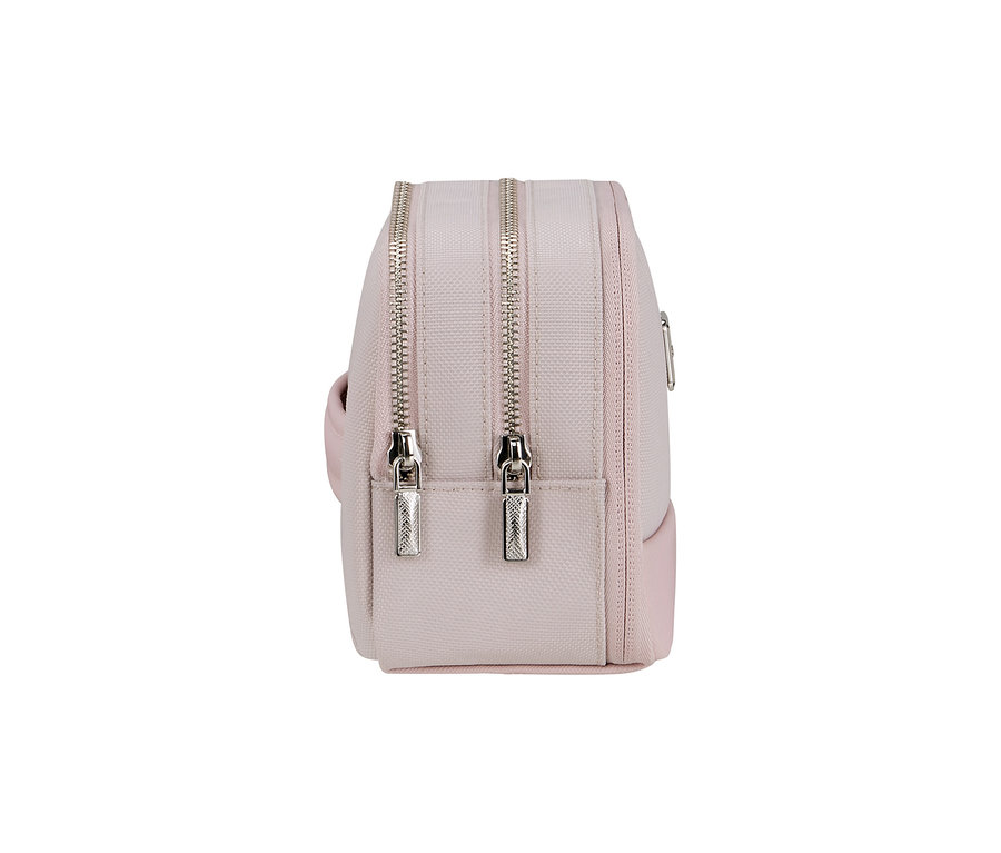 Seitliche Ansicht eines rosafarbenen Samsonite IMAGE Toilet Kit Pouch mit zwei silbernen Reißverschlüssen.