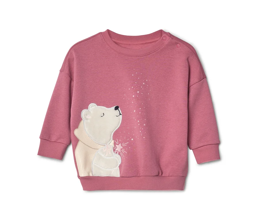Rosa Langarm-Sweatshirt mit weißer Eisbär-Applikation, der zu einem Sternenstrom aufblickt und einen funkelnden Zauberstab hält. Zwei Knöpfe an der linken Schulter.