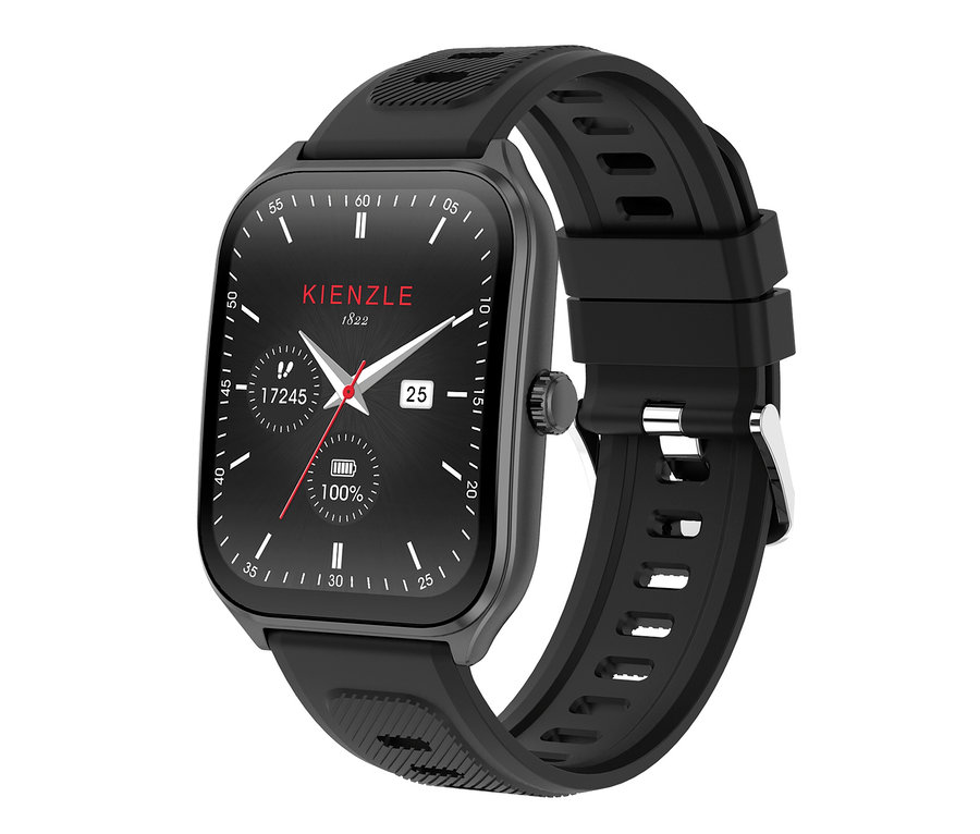 Schwarze Smartwatch mit quadratischem Zifferblatt und strukturiertem Silikonarmband, zeigt "KIENZLE 1822", Datum "25", "17245" Schritte und "100%" Akku an.