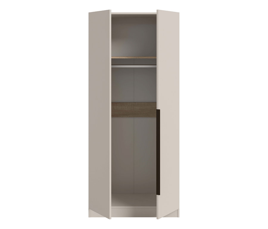 Ein beigefarbener xonox Kleiderschrank »Nordic«, 2-türig, mit leicht geöffneten Türen, der eine obere Ablage, eine Kleiderstange und ein unteres Fach im grauen Innenraum zeigt.
