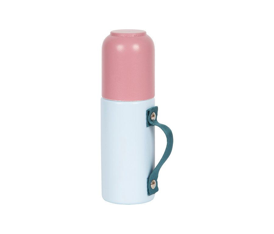 Rosa-blaue Thermosflasche mit Griff.