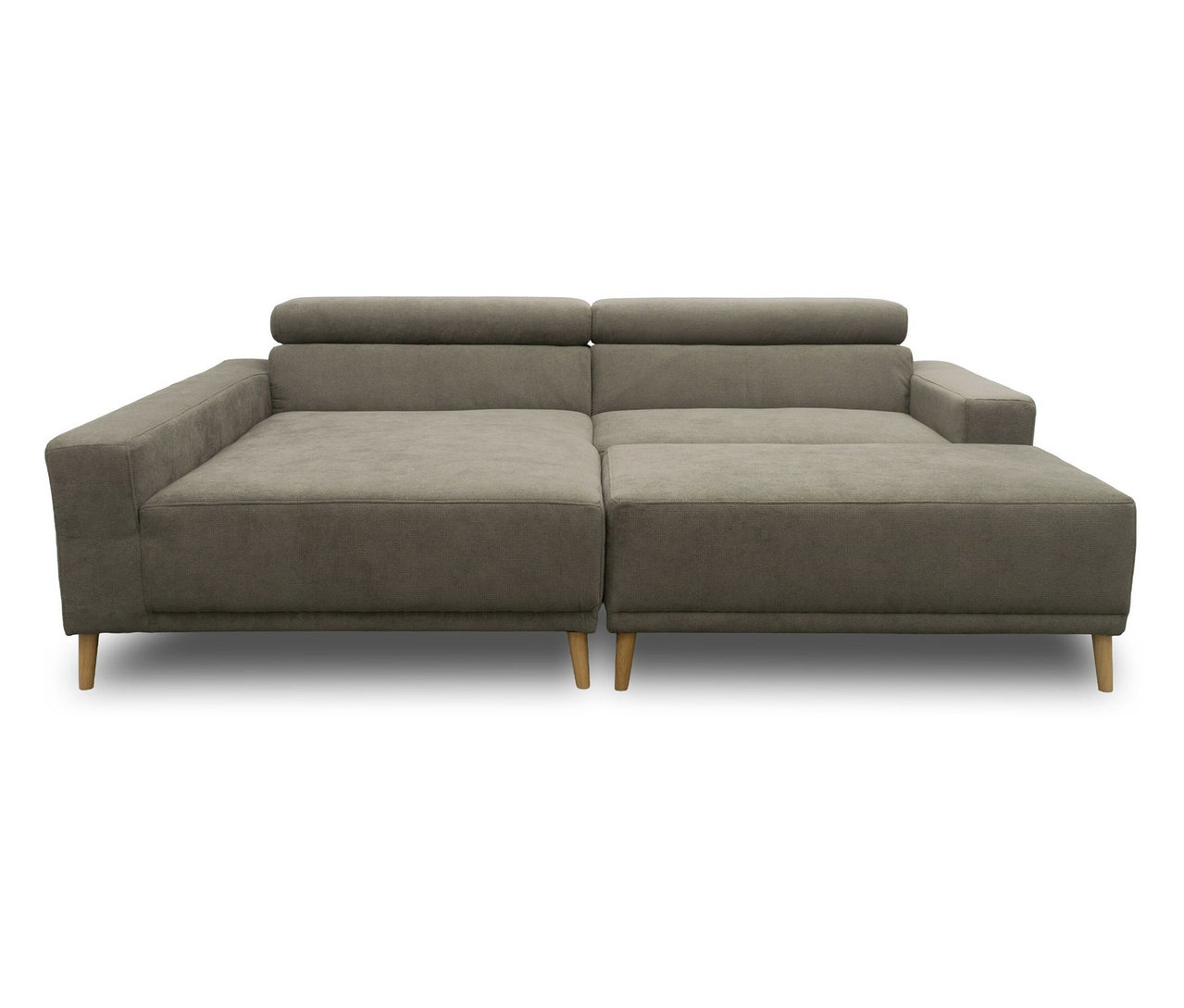 Graues DOMO Eck-Schlafsofa »Malmö« mit Longchair links und holzfarbenen Füßen.
