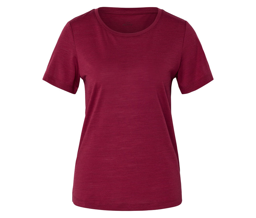 Ein schlichtes, kurzärmeliges T-Shirt mit Rundhalsausschnitt in tiefroter Farbe, auf weißem Hintergrund.