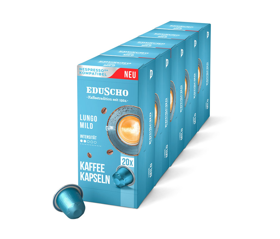 Eine Packung Eduscho Lungo Mild - 100 Kapseln steht neben einer einzelnen Kapsel.