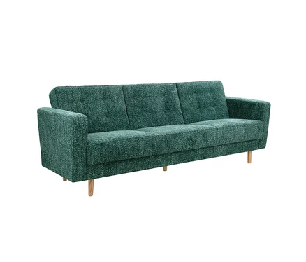 Grünes 3-Sitzer Schlafsofa Janny mit strukturierter Oberfläche und Holzfüßen.