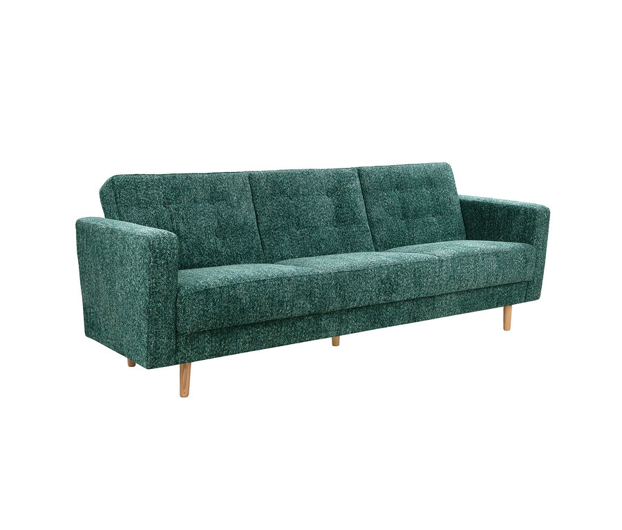 Grünes 3-Sitzer Schlafsofa Janny mit strukturierter Oberfläche und Holzfüßen.