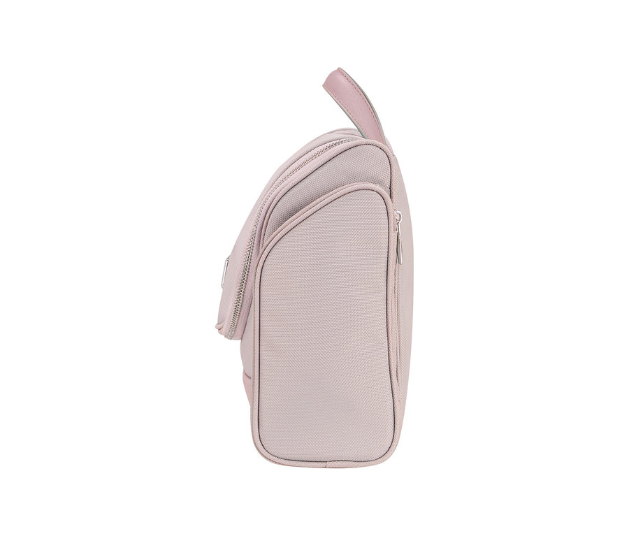 Rosafarbene Samsonite IMAGE Toilet Kit Hanging Kulturtasche, von der Seite stehend gezeigt, mit Reißverschlüssen und einem Griff.