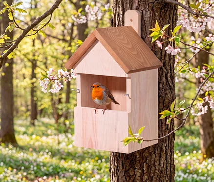Ein Rotkehlchen mit oranger Brust sitzt in einem hellen Holz-Vogelfutterhaus, das an einem Baumstamm in einem Frühlingswald mit weißen Blüten befestigt ist.