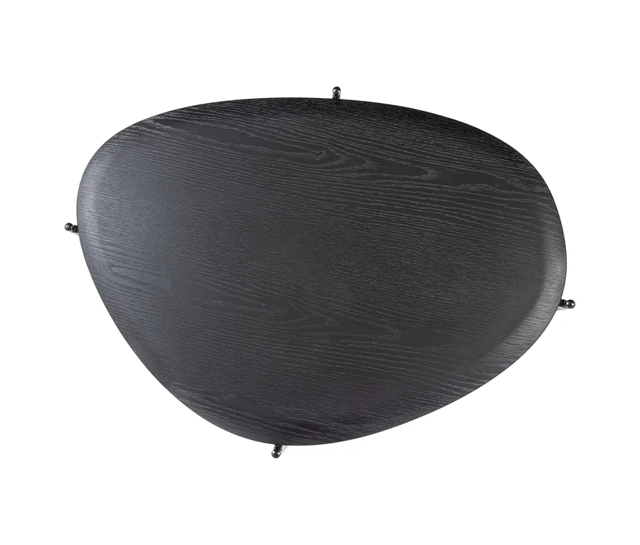 Schwarze, unregelmäßig geformte Tischplatte mit sichtbarer Holzmaserung, von oben gesehen. Vier kleine, dunkle Befestigungspunkte sind am Rand sichtbar.