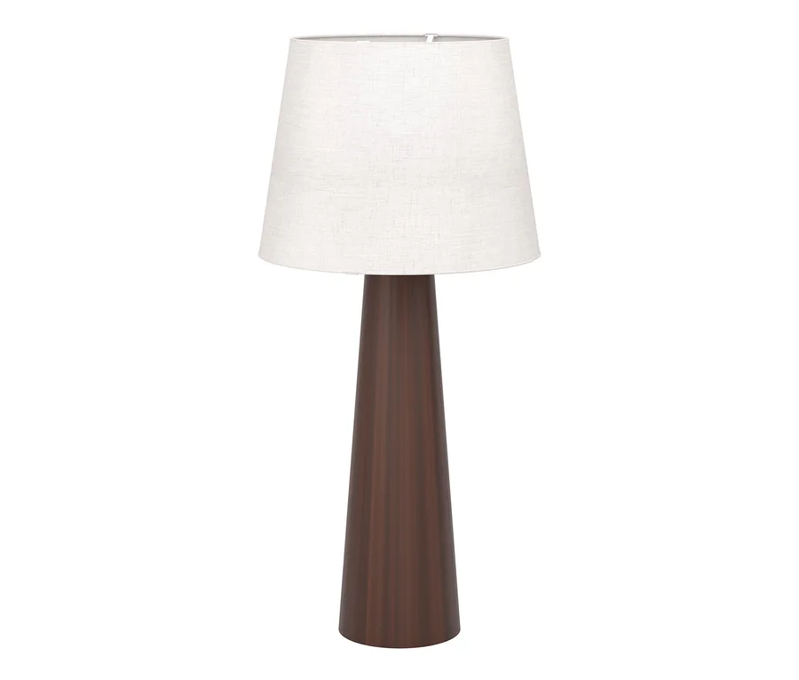 Stehlampe mit konischem, dunkelbraunem Holzsockel und hellem, konischem Stoffschirm.