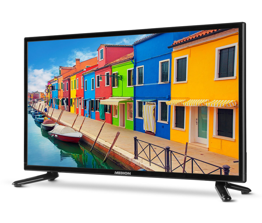 Ein schwarzer MEDION®-LIFE®-23,6"-Full-HD-Fernseher mit integriertem DVD-Player und HD-Triple-Tuner zeigt bunte Gebäude und Boote.