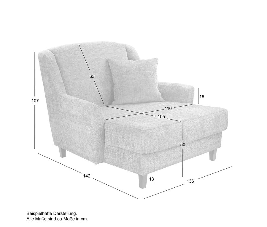 Helles, gepolstertes Chaiselongue mit Rückenkissen, auf dem verschiedene Maße eingeblendet sind.