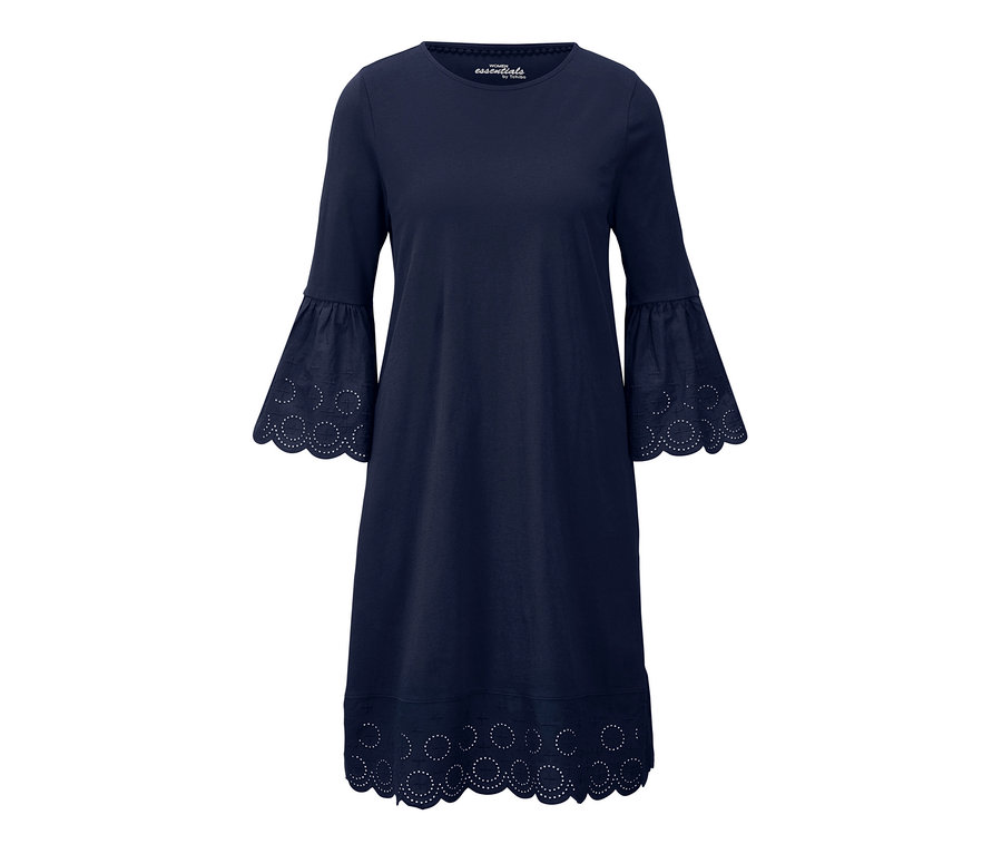 Dunkelblaues Kleid mit Volant und Lochstickerei.