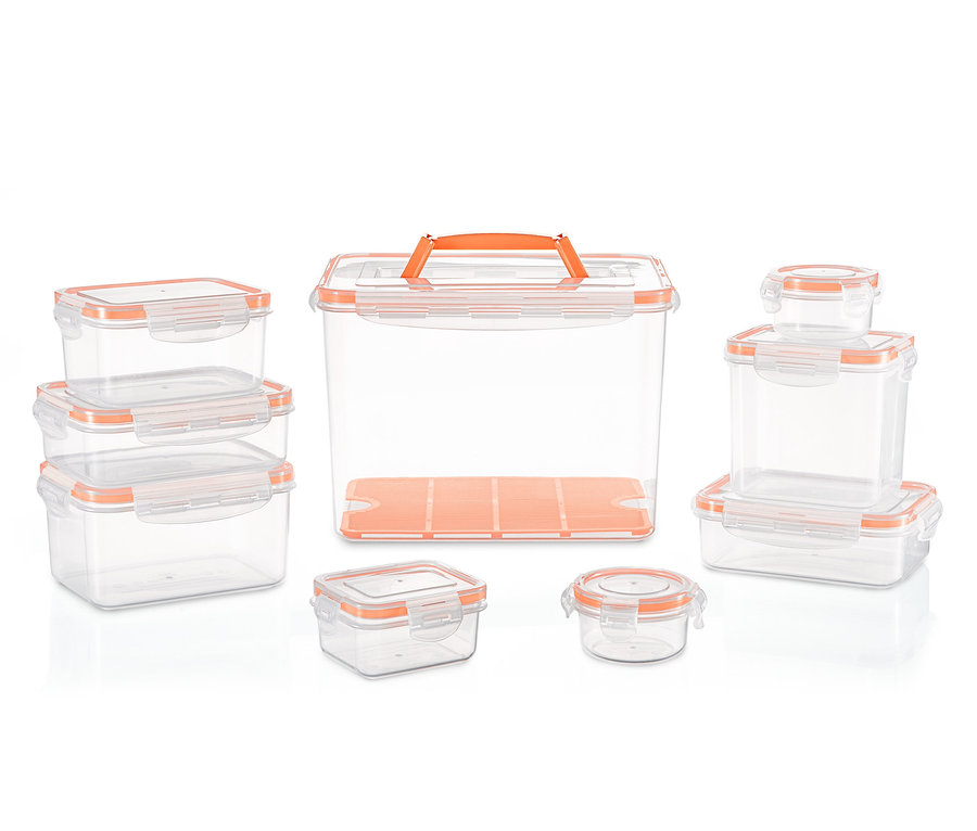 Ein Set Frischhaltedosen mit orangefarbenen Akzenten.