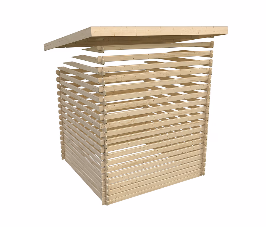 Unfertige Holzkonstruktion des Karibu Gartenhaus mit 2 separaten Räumen, 38 mm (Sanura 4).