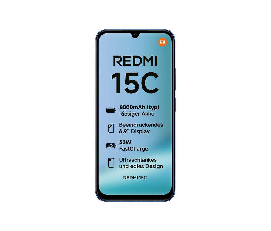 Das Xiaomi Redmi 15C 128 GB Moonlight Blue Smartphone wird auf dem Bildschirm angezeigt.