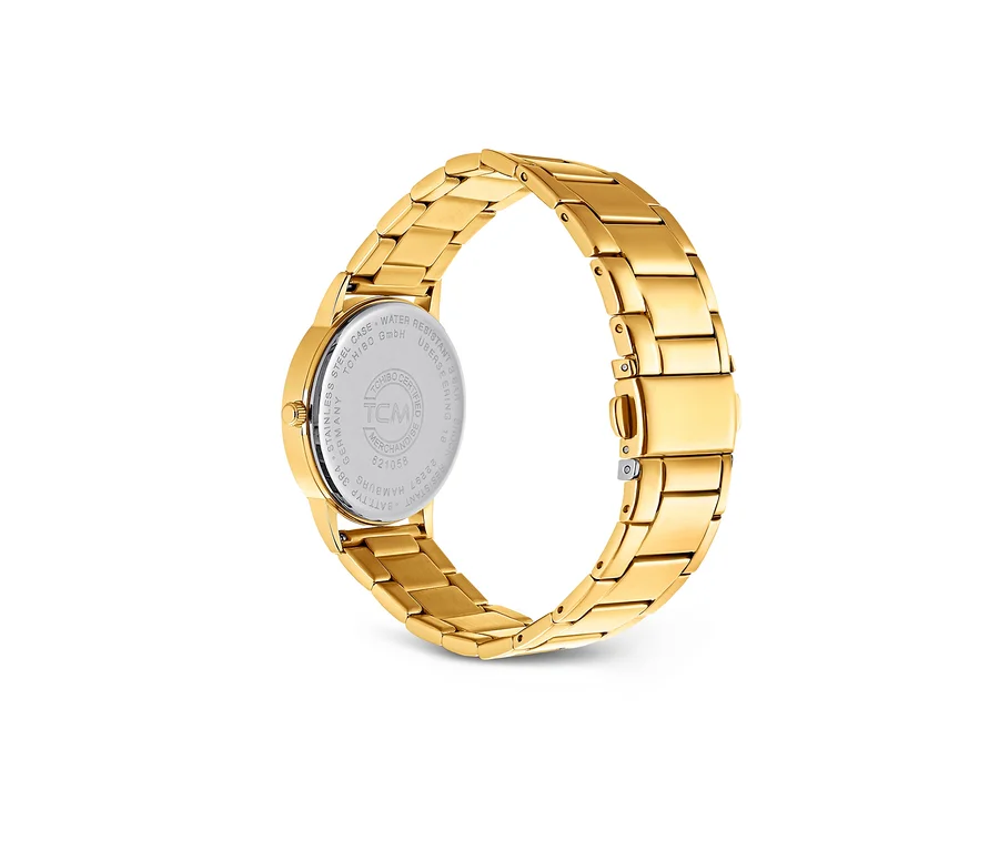 Detailansicht einer goldenen Damenuhr, Edelstahl PVD-beschichtet.